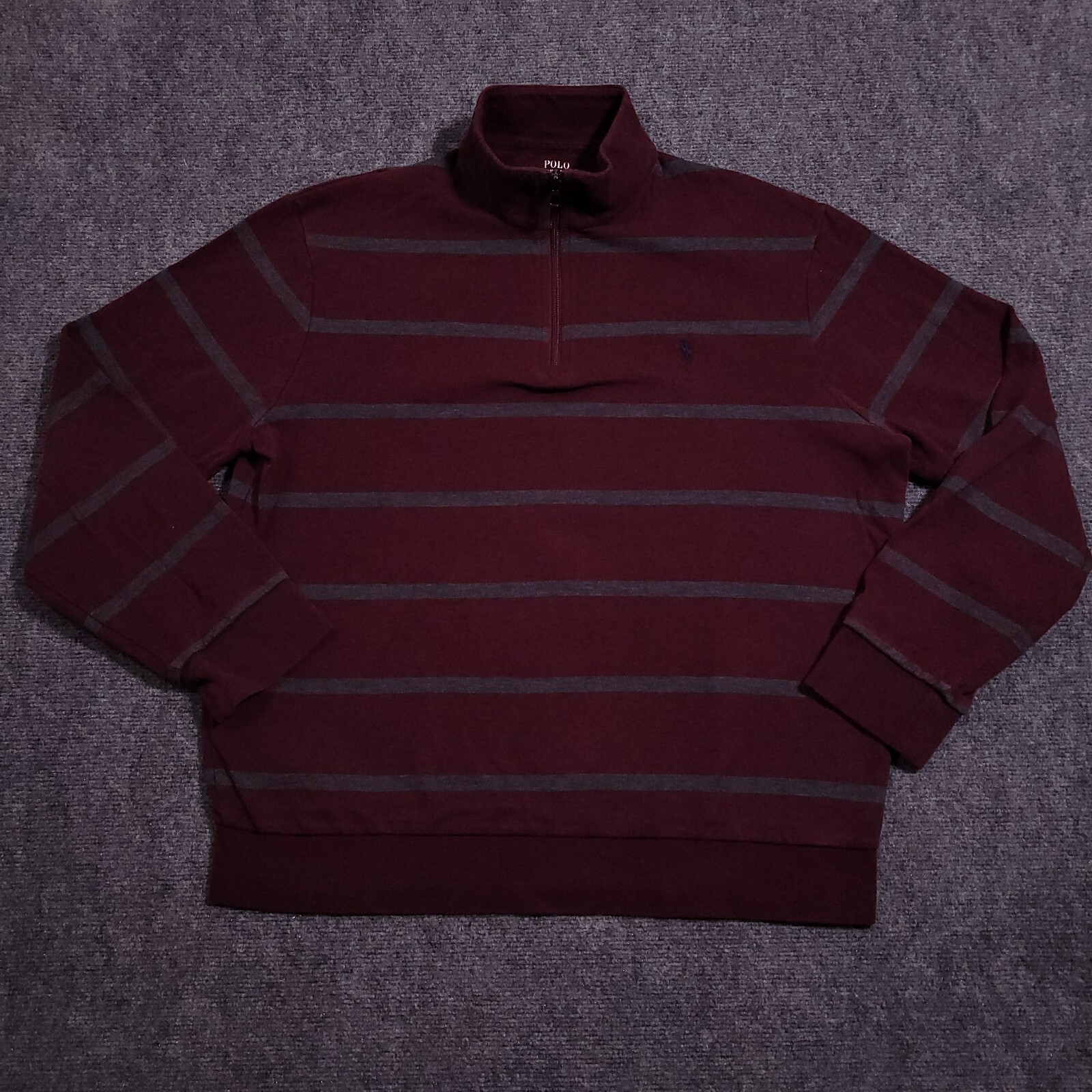 Polo Ralph Lauren 1/4 Zip Mock Neck Pullover Sweatshirt Mens L Burgundy Striped