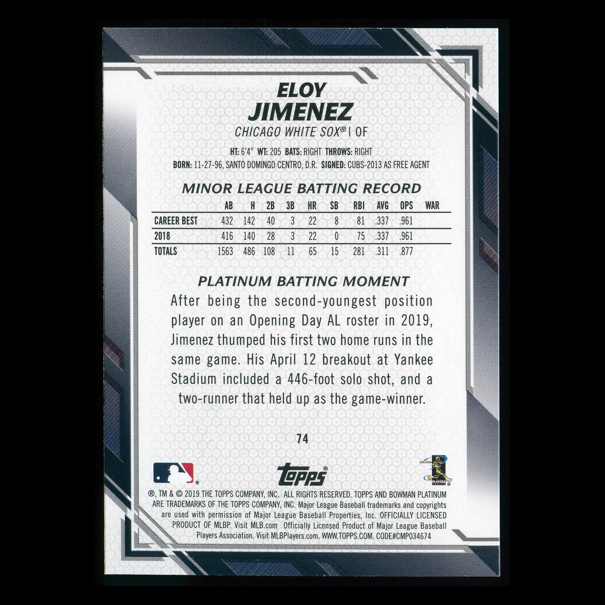 MLB 2019 ボウクロ ELOY JIMENEZ 25枚限定　RC Eloy Jimenez 2019 Topps Chrome #RA-EJ Rookie Auto - Blue