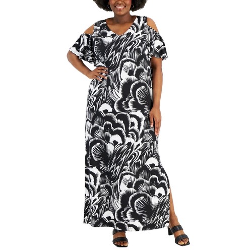 Plus Size White Tulip Print Flowy Black Maxi Dress | eBay