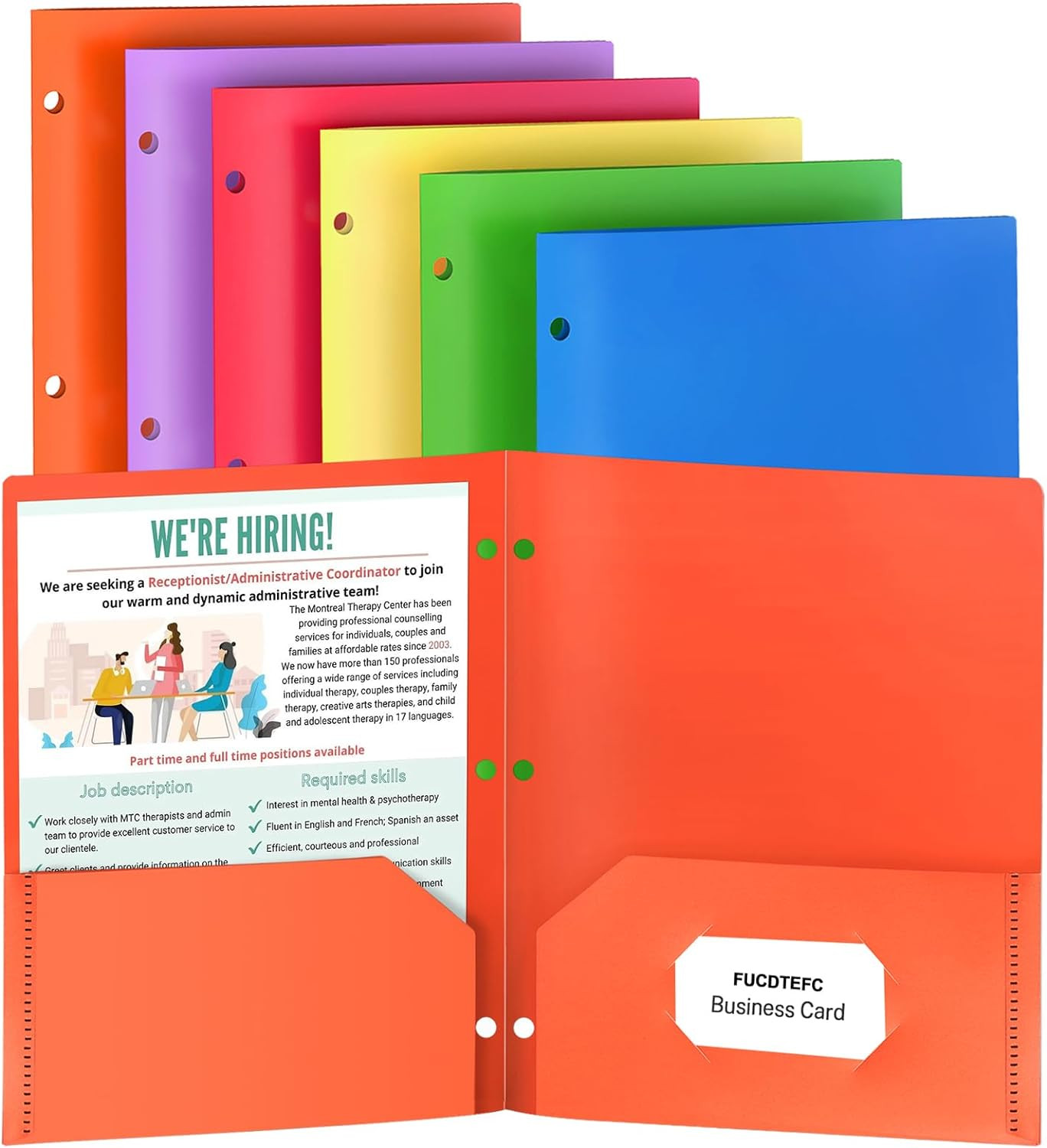 6 Pack Folders with Pockets, Plastic 3 Hole Punched Binder Folders with Business