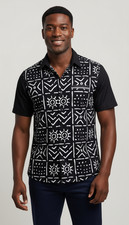 African Men's Black And White Print Cotton Short Sleeve Shirt Ankara Button Up