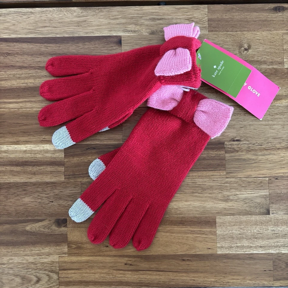 KATE SPADE NEW YORK Mujer Rojo Rosa Arco Guantes Táctiles Invierno Nuevos con Etiquetas Preppy Clásicos Foto 3 de 4