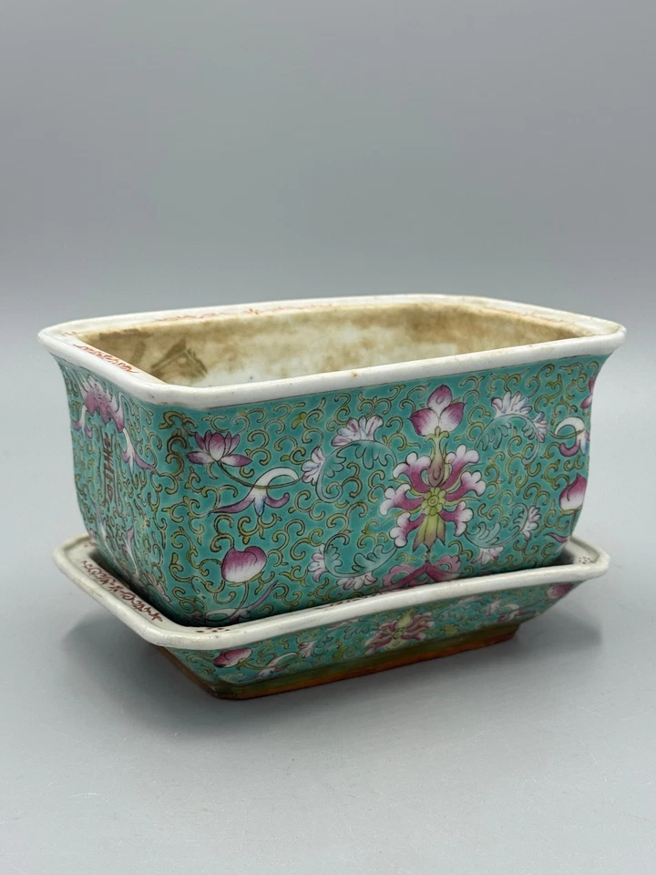 Antique 19th c Chinese Famille Rose Turquoise Porcelain Jardiniere Planter - Image 4 of 4