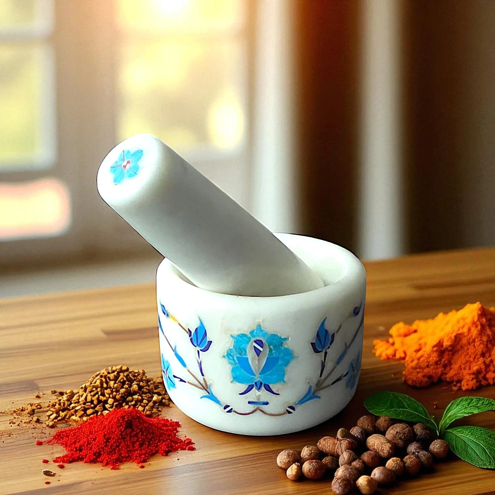 Marble Inlay Mortar and Pestle Set | Stone Herb Grinder | Kitchen Decor | Gift