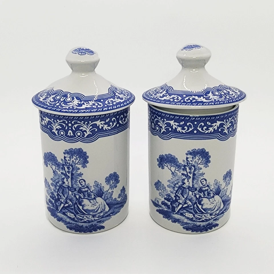 2 tarros de especias Spode Blue Room Collection vistas continentales tapa cerámica blanca 3" 2 Foto 2 de 4