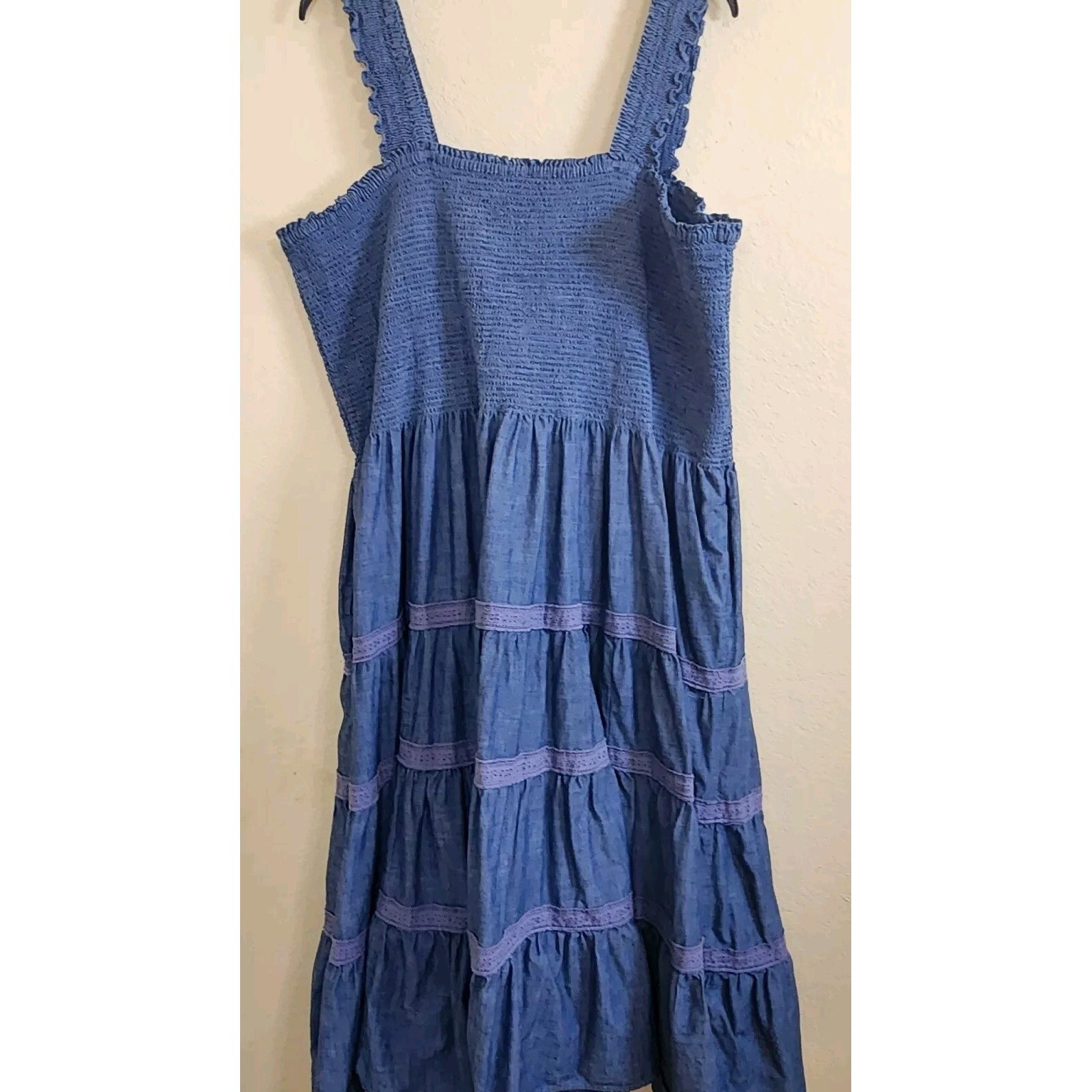 Lands End Blue Smocked Tiered Maxi Dress Plus Size 3X 24W-26W Eyelet Lace Trim