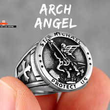 Archangel Saint Michael Exorcism Stainless Steel Mens Rings Punk Amulet for Male