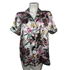 Victorias Secret Satin Tropical Floral Pajama Top Pink Green Short Sleeve Medium