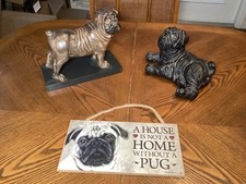 2 Resin Pug Figurines Black  Brown  1 Pug Plaque Decor Lot/3   B5