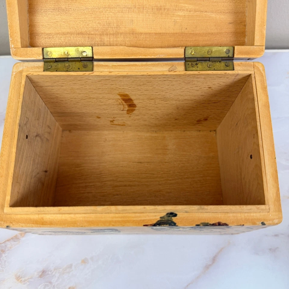 Vintage Recipe Box Woodpecker Hand Painted Wood Ware Box Roosters Japan Lid - Image 3 of 4