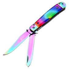 TheBoneEdge 7.5"" Rainbow Color Double Blade Steel Bolster Pocket Folding Knife