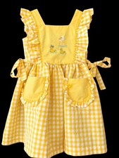 Vintage Yellow Gingham Girls Dress with Embroidered Ducks Ruffle Pockets