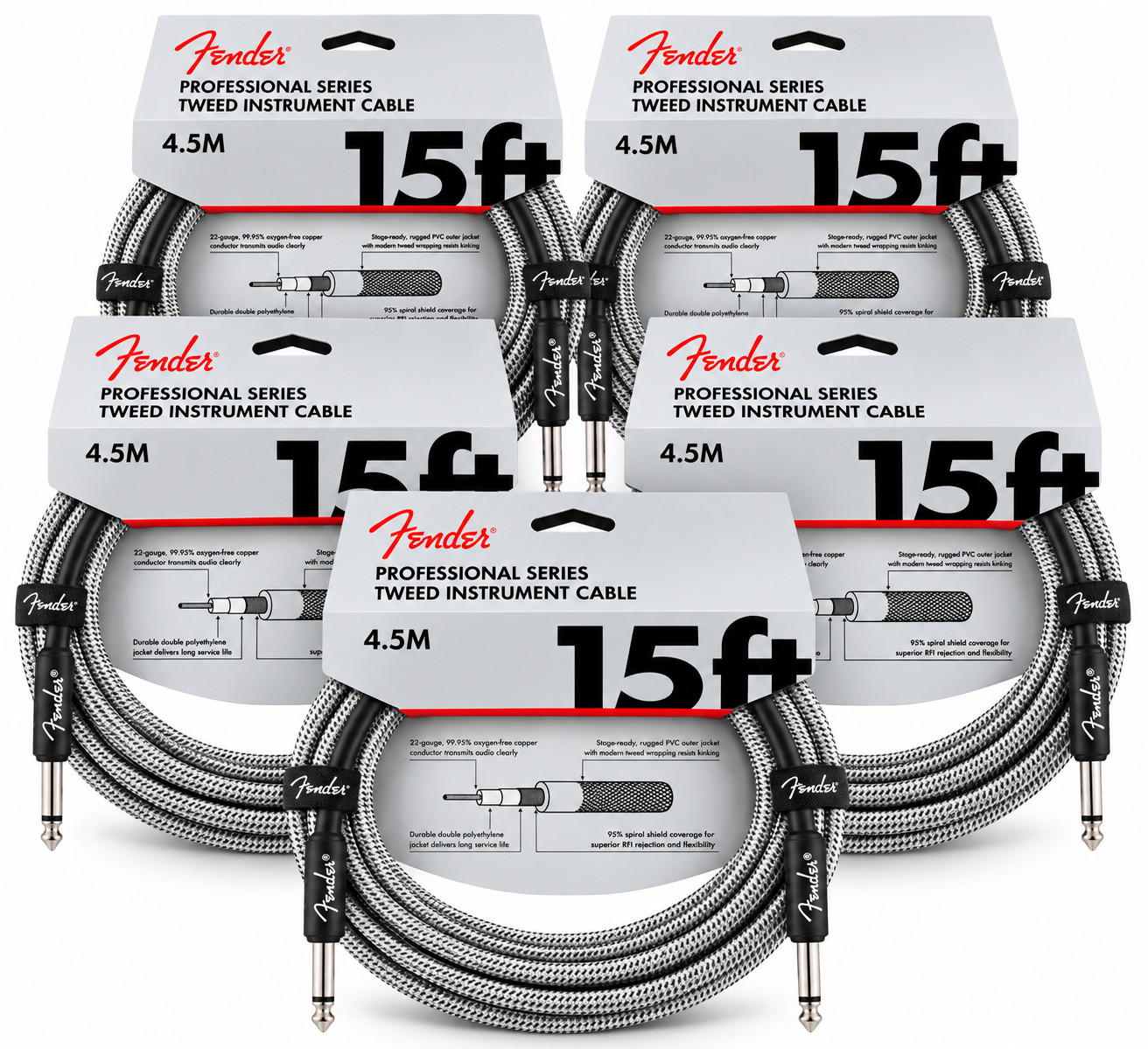 5-PACK Fender Professional 15FT Straight 22AWG White Tweed Instrument Cable