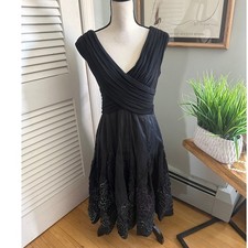 Adrianna Papell Dress 14 Black Midi Dainty Cocktail Ruffle Taffeta Evening Party