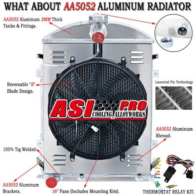 3 Row Aluminum Radiator Shroud Fan Fit 1930 1931 Ford Model A L-Head 3.3L ASI