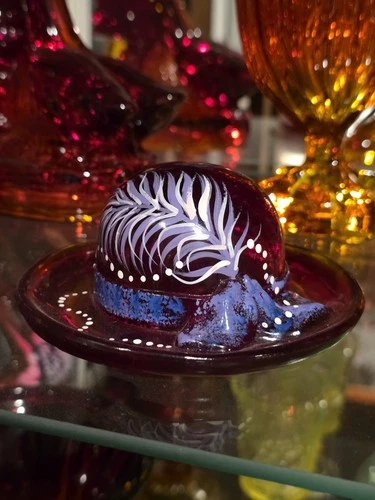 Fenton CadmiumGlass Ladies Hat Hand Painted Signed