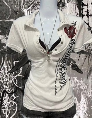 Gothic Y2K Heart Graphic Polo Emo Slim Fit Button Shirt