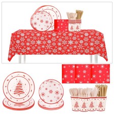 138pcs Christmas Tableware Set Plates Cups Napkins Cutlery Xmas Party