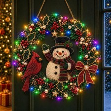 Christmas Cardinal Snowman Pearl Diamond Painting Kit with LED String 9.84 Inch