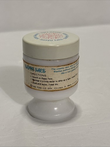 VINTAGE HAPPY FACE FACIAL WASHING CREAM MILKGLASS JAR Antique Rare. Free Sample - Picture 3 of 6