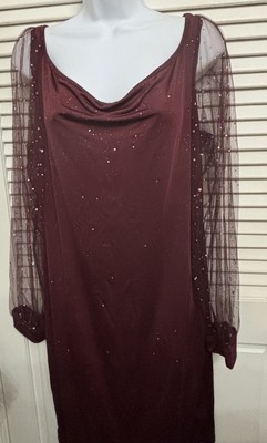 Burgundy Sequin Dot Chiffon Long Sleeve Tiered Dress Women's 16 18 1X