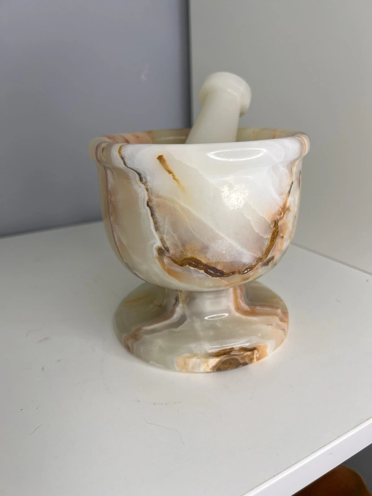 Vintage Hand Carved Onyx Alabaster Mortar and Pestle Set Stone Marble Decor MCM