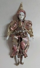 Vintage Jester Harlequin Mardi Gras Porcelain Doll Gold Pink Outfit Floral