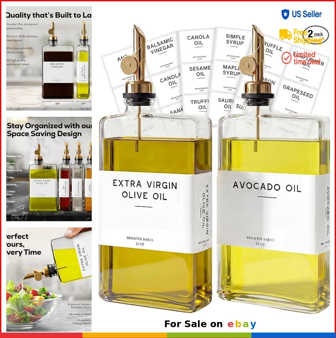 Glass Oil Dispenser Bottle Set 12 Oz Stainless Steel Spout Leak Proof Kitchen