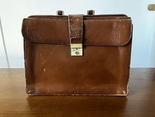 ANCIEN CARTABLE SACOCHE SERVIETTE A SOUFFLET EN CUIR MARRON PATINÉ