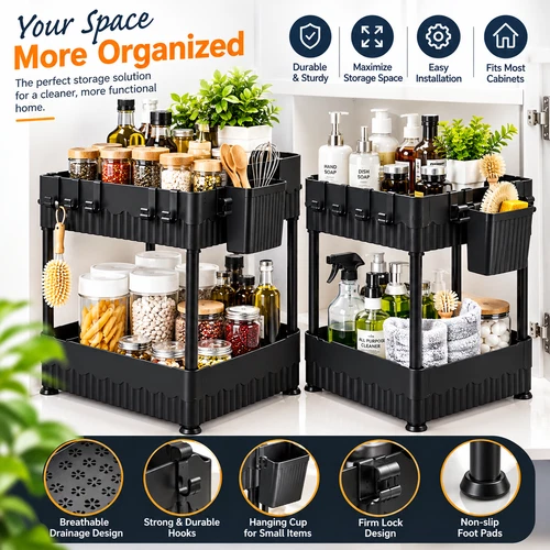 2 Pack Under Sink Organizer with Hooks – 2 Tier Kitchen & Bathroom Storage Rack