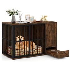 47 5"Dog Crate End Table w/ Hidden Bowls  Storage Chew-Resistant Metal Frame