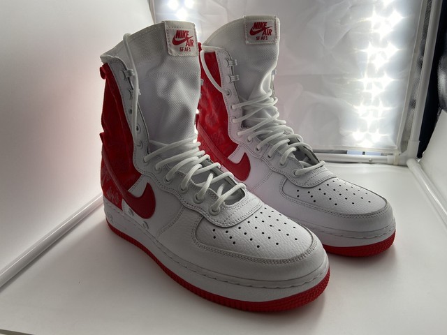 white and red air force 1 high tops