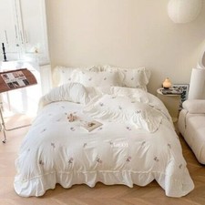 Rose Flowers Embroidery Ruffle Lace Bedding Set Duvet Cover Bed Sheet Pillowcase