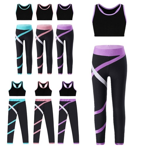 Kids Girls Tracksuit Elastic Waistband Sportwear Colorblock Activewear Workout - Picture 5 of 39