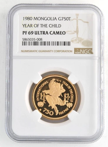 1980 Mongolia 750 Tugrik .900 Gold Coin Year of the Child NGC PF69 Ultra Cameo