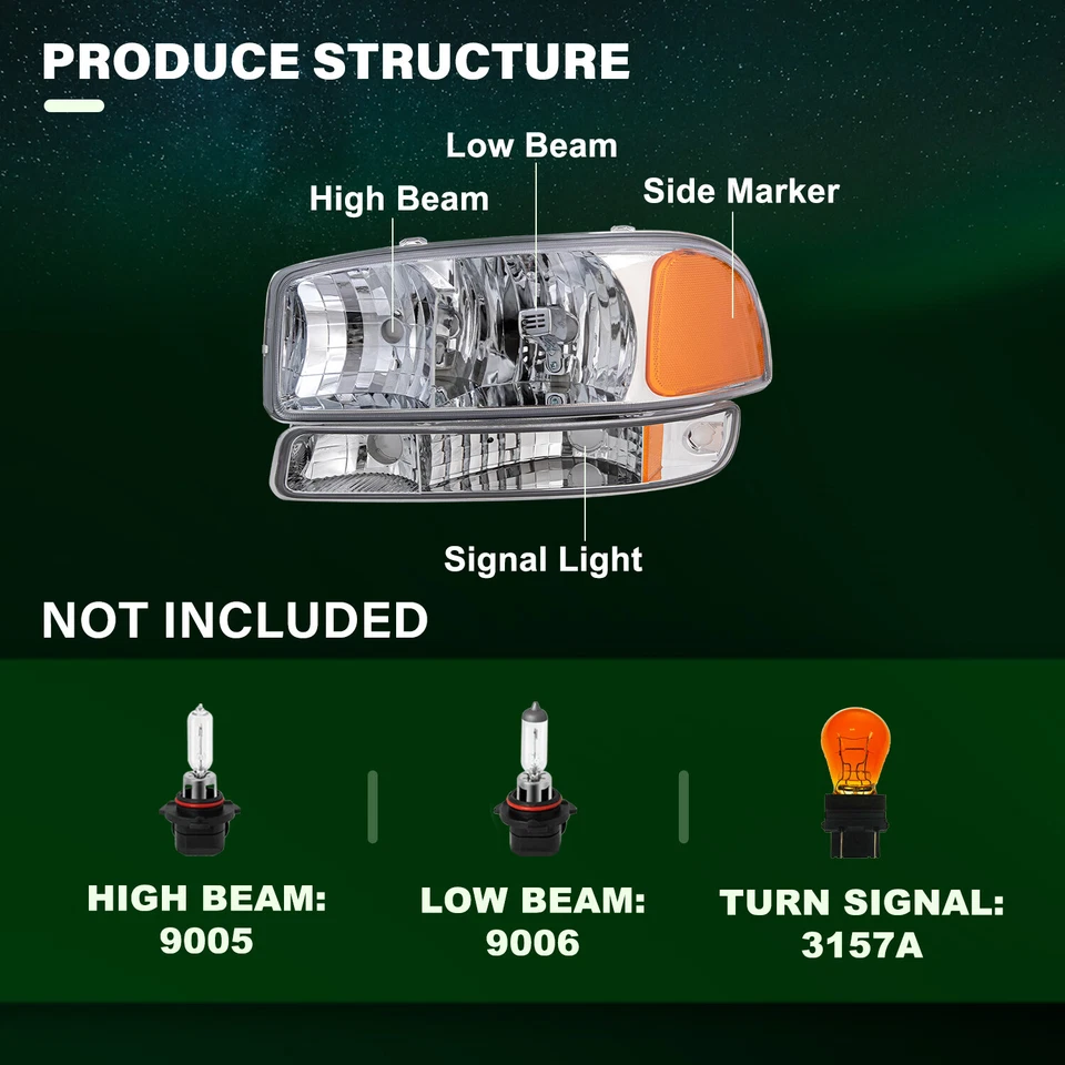Faros + lámparas de señalización de parachoques 99-07 para GMC Sierra 00-06 Yukon 1999-2007 Foto 2 de 4