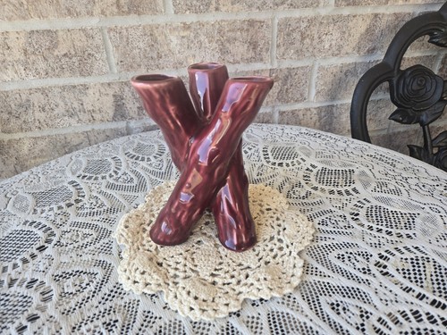 MCM Red 1960s Camark TreeBranch Design Pottery Vase w/3 Openings 5.35"T .4"W - 第 1/6 張圖片