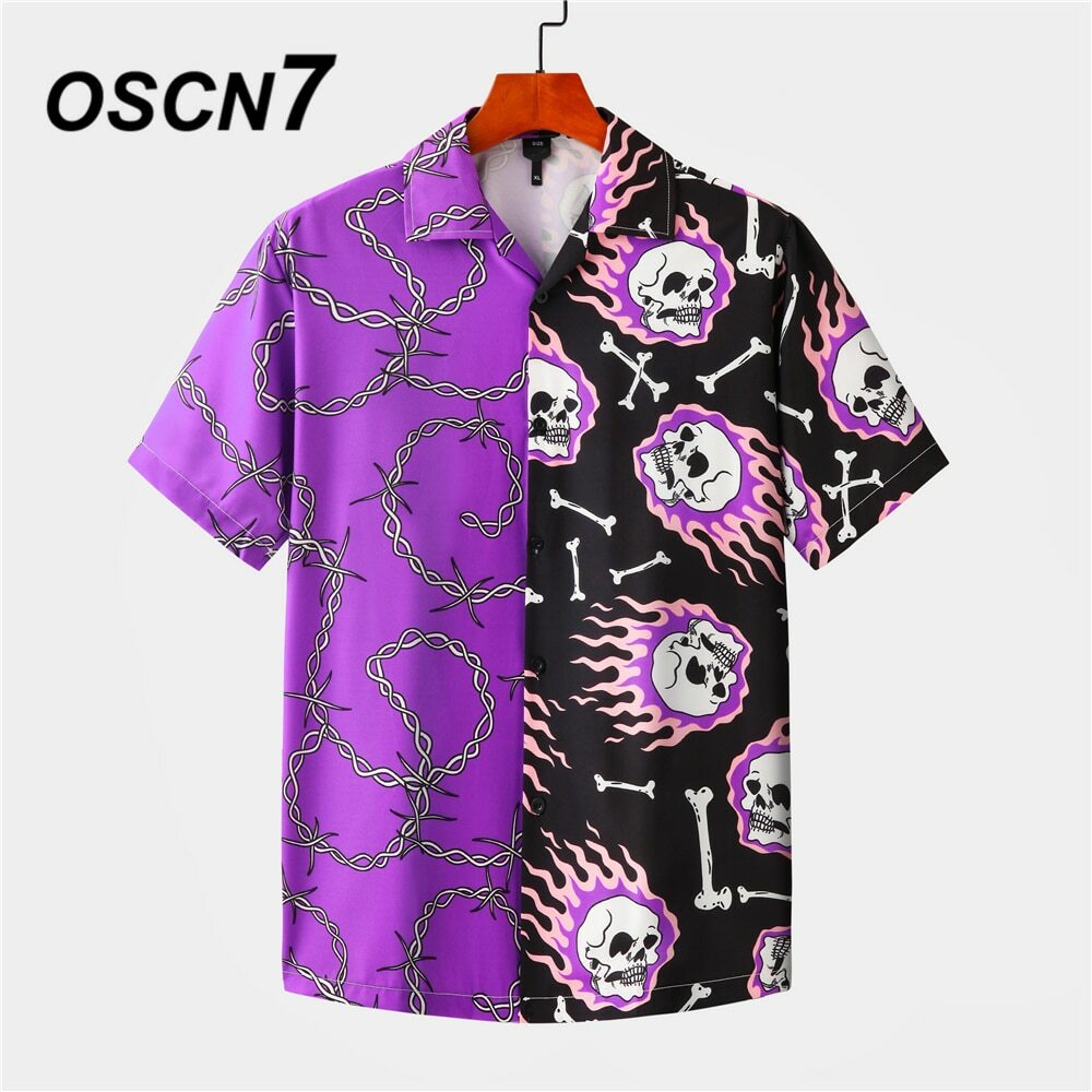 Camisa De Manga Corta Estampado Calaveras Y Cadenas Para Hombre 2 Colores Informal