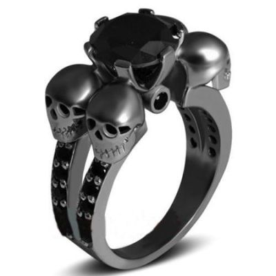 Skull Ring With Black & White Diamonds - 925 Sterling Silver, Round Cut (0.11 Cttw), Custom Sizing