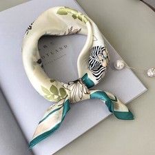 Women Fashion Small Scarf 100 Silk Green Beige Flower Neckerchief Tied 53 53cm