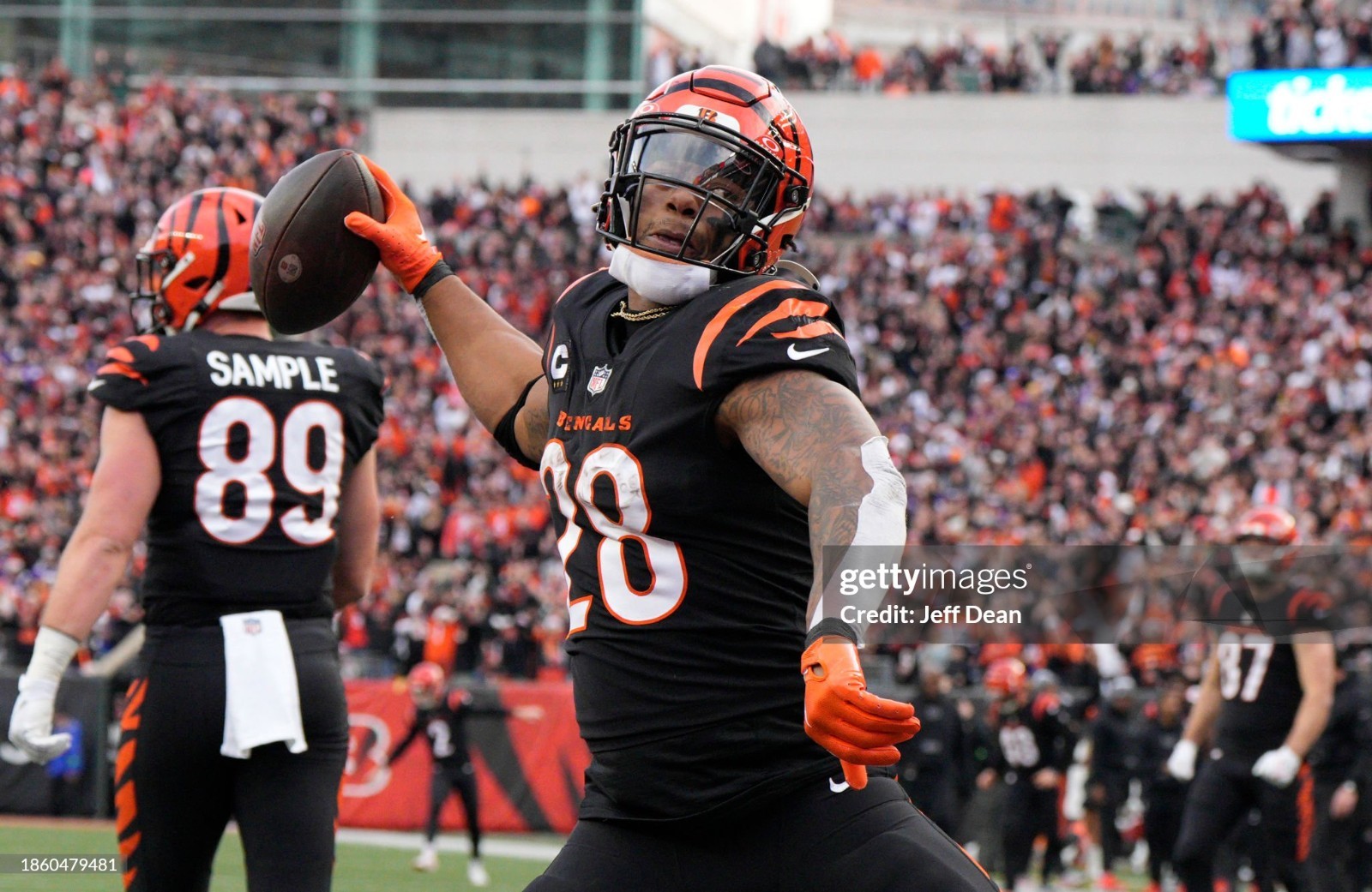 Tee Higgins Auto Game Used Football Bengals v Vikings COA JOE MIXON TD view 12