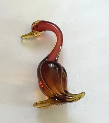 Vintage Murano Glass Duck Orange Brown Figurine Hand Blown Italy Art Glass