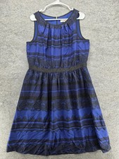 Ann Taylor Loft Dress Womens 14 Blue Black Lace Print Sleeveless Fit Flare