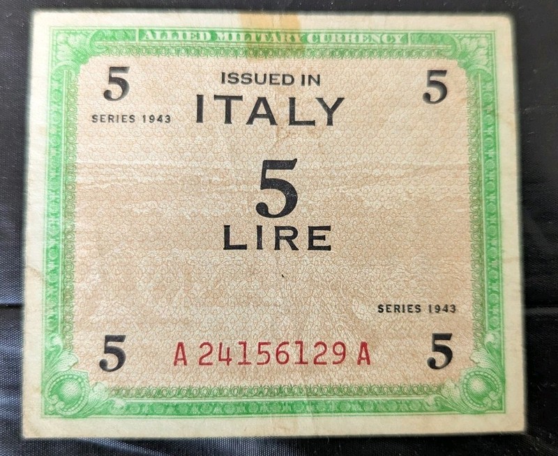 1943 ITALIAN 5 LIRE MILITARY BANK NOTE - ALLIED MONEY WORLD WAR II ERA