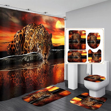 4 Pcs Leopard Cheetah Shower Curtain Set With Rugs Toilet Lid Cover Bath Mat