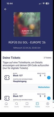 Rufus Du Sol 2 Sitzplätze am 22.04 In Düsseldorf-nicht größer als Orginalpreis 
