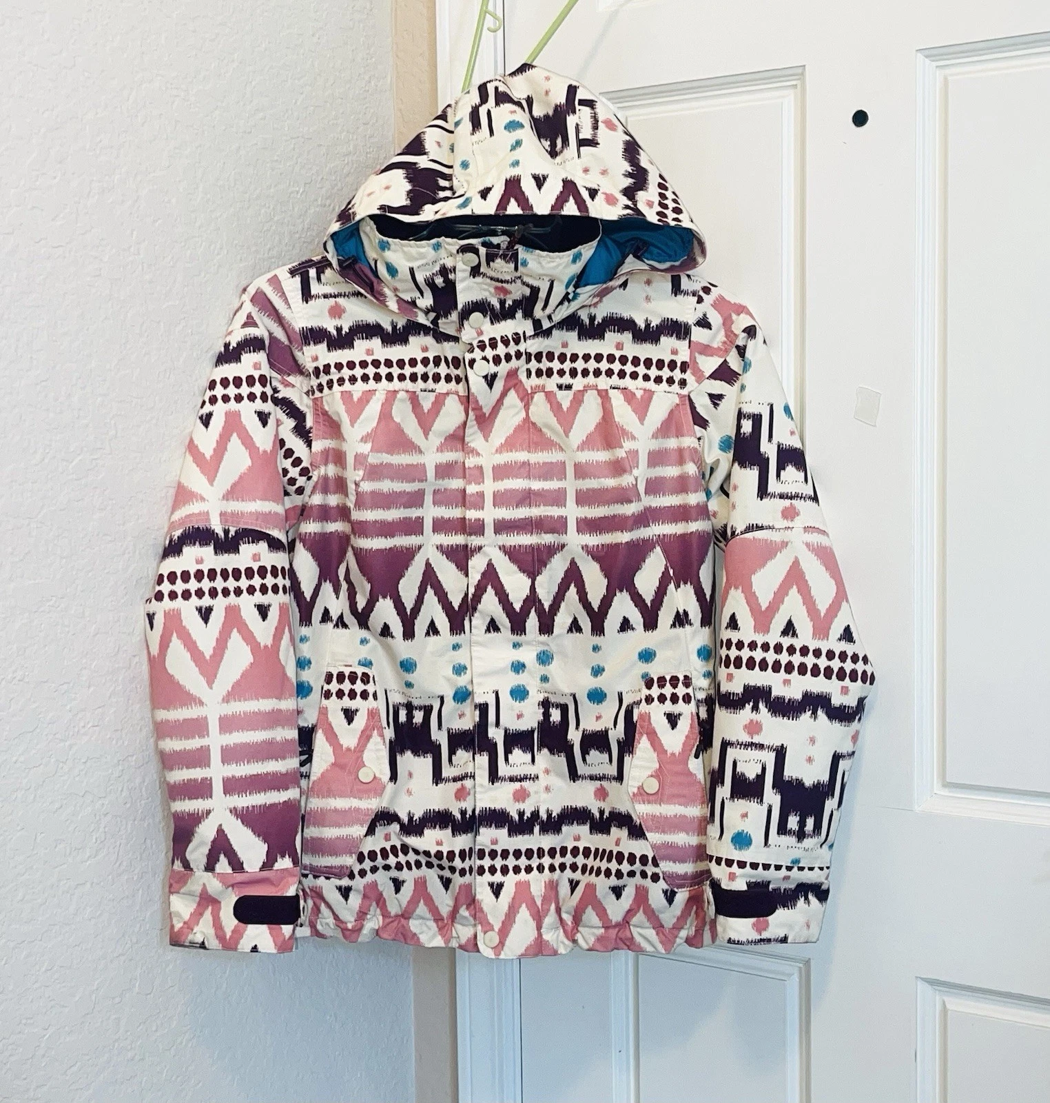 Women's BURTON Geometric Print Hooded Waterproof Winter Snow Ski Jacket sz S