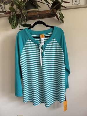 NWT Ruby Rd Top Womens 1X Teal Green White Striped Lace Up V-Neck Knit Blouse