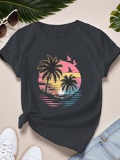 Women's Tropical Beach Sunset Short Sleeve T-Shirt Round Neck Tops Summer ♪