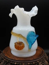 Antique Victorian Harrach Opal Art Glass Vase + Applied Amber Chestnut Blue Leaf